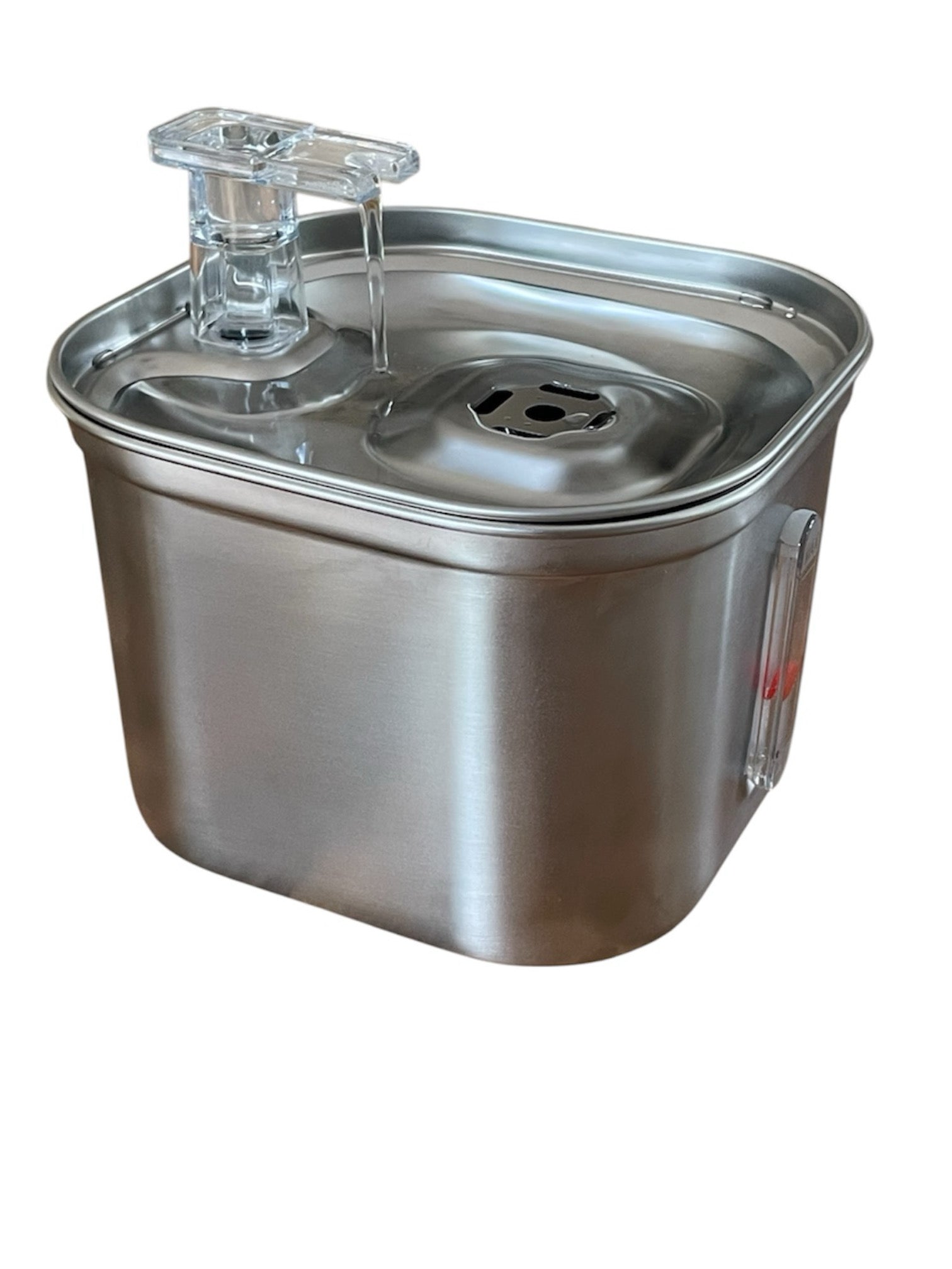 Katzenbrunnen Edelstahl - Detailansicht mit fließendem Wasser